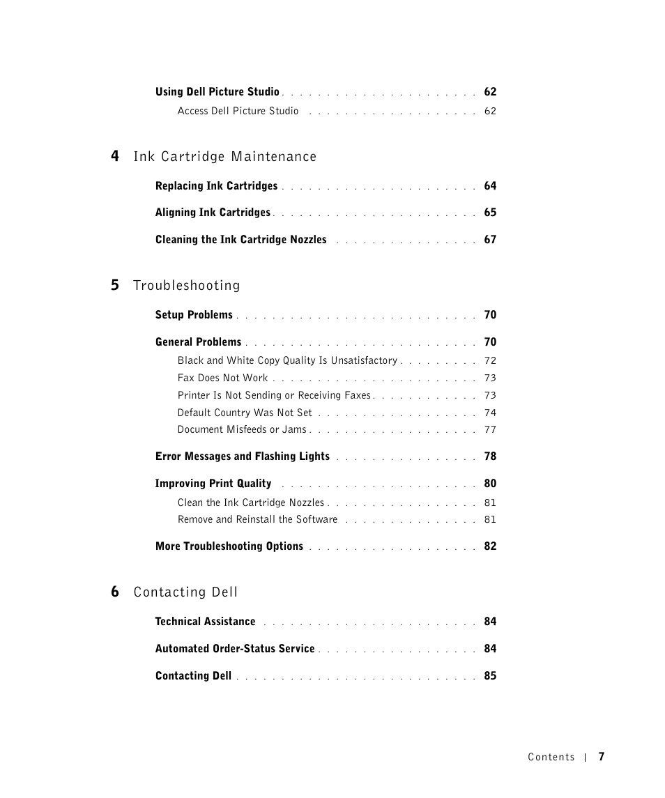 4 ink cartridge maintenance, 5 troubleshooting, 6 contacting dell | 4ink cartridge maintenance, 5troubleshooting, 6contacting dell | Dell A960 All In One Personal Printer User Manual | Page 7 / 121