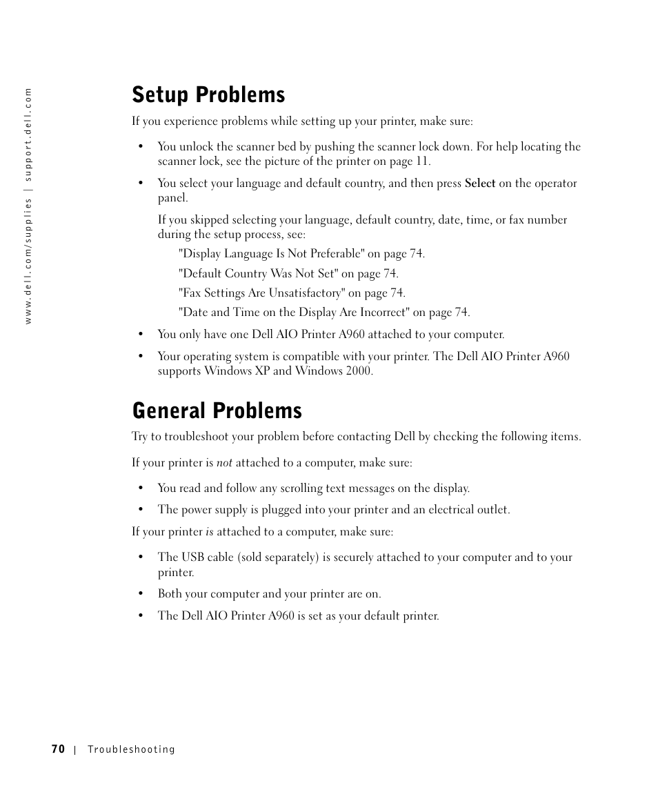 General problems, Setup problems | Dell A960 All In One Personal Printer User Manual | Page 70 / 121