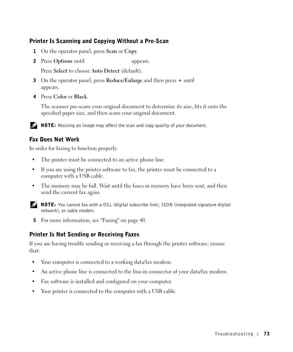 Fax does not work, Printer is not sending or receiving faxes | Dell A960 All In One Personal Printer User Manual | Page 73 / 121