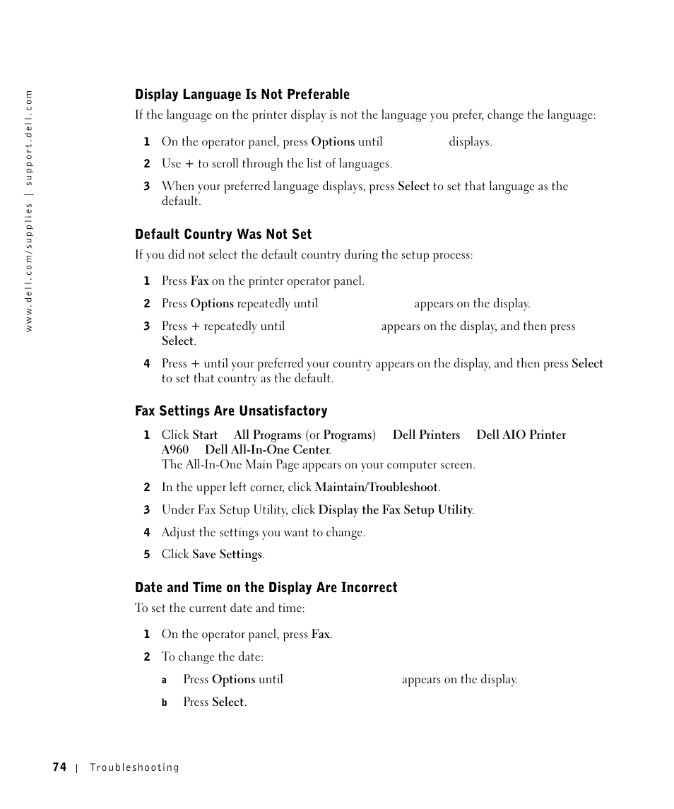 Default country was not set | Dell A960 All In One Personal Printer User Manual | Page 74 / 121