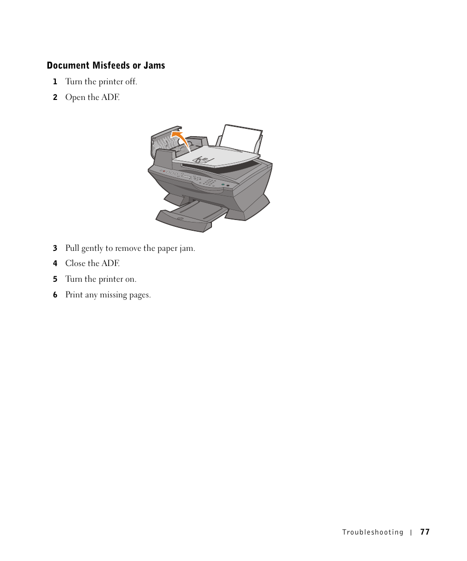 Document misfeeds or jams | Dell A960 All In One Personal Printer User Manual | Page 77 / 121