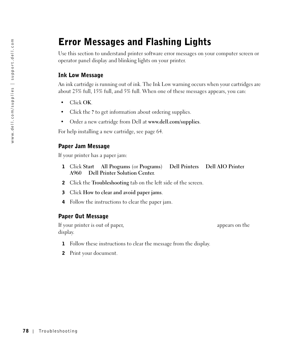 Error messages and flashing lights | Dell A960 All In One Personal Printer User Manual | Page 78 / 121