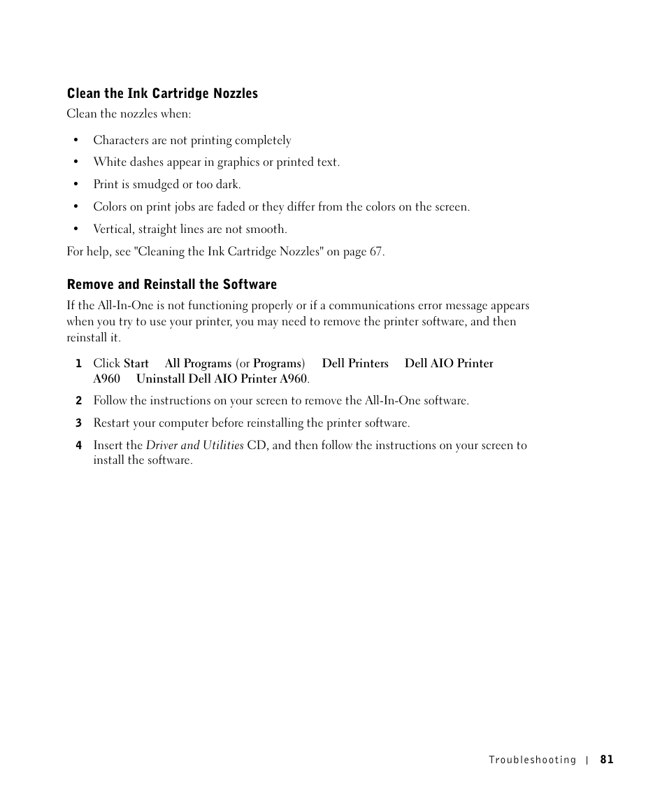 Clean the ink cartridge nozzles, Remove and reinstall the software | Dell A960 All In One Personal Printer User Manual | Page 81 / 121