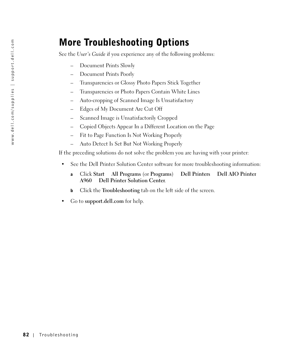 More troubleshooting options | Dell A960 All In One Personal Printer User Manual | Page 82 / 121