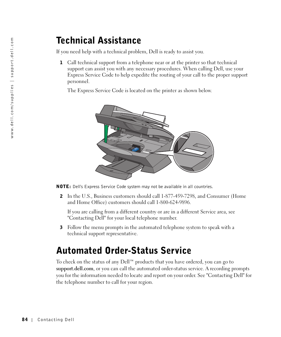 Technical assistance, Automated order-status service | Dell A960 All In One Personal Printer User Manual | Page 84 / 121