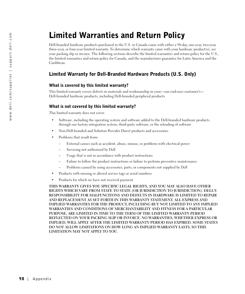 Limited warranties and return policy | Dell A960 All In One Personal Printer User Manual | Page 98 / 121