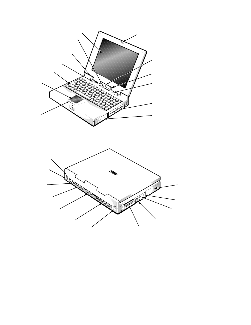 Physical description, Physical description -3, Figure 1-1 | Front view of the portable computer -3, Figure 1-2, Back view of the portable computer -3, Hysical description, Figure 1-1. front view of the portable computer, Figure 1-2. back view of the portable computer | Dell Inspiron 3000 User Manual | Page 11 / 112