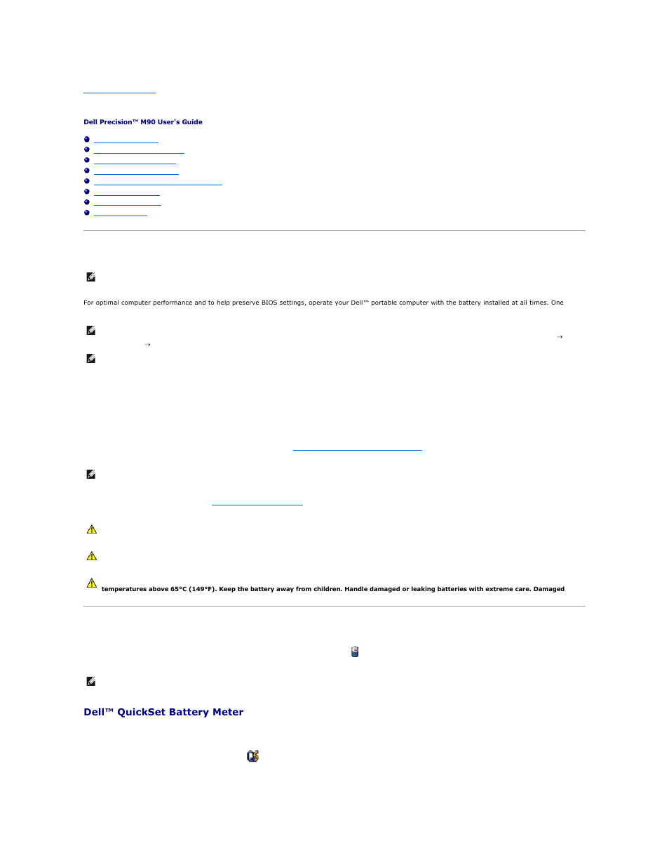 Using a battery, Battery performance, Checking the battery charge | Dell™ quickset battery meter | Dell Precision M90 User Manual | Page 12 / 108