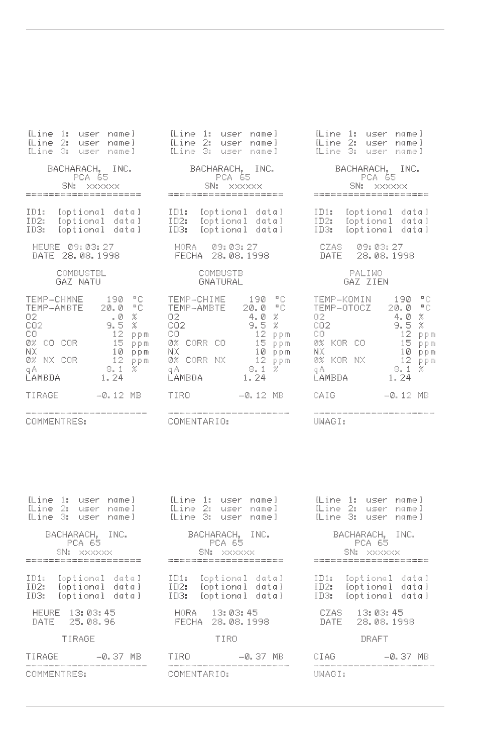 French spanish polish (fra) (esp) (pol), Combustion test data, Draft only | Bacharach Portable Combustion Analyzer 24-9351 User Manual | Page 96 / 100