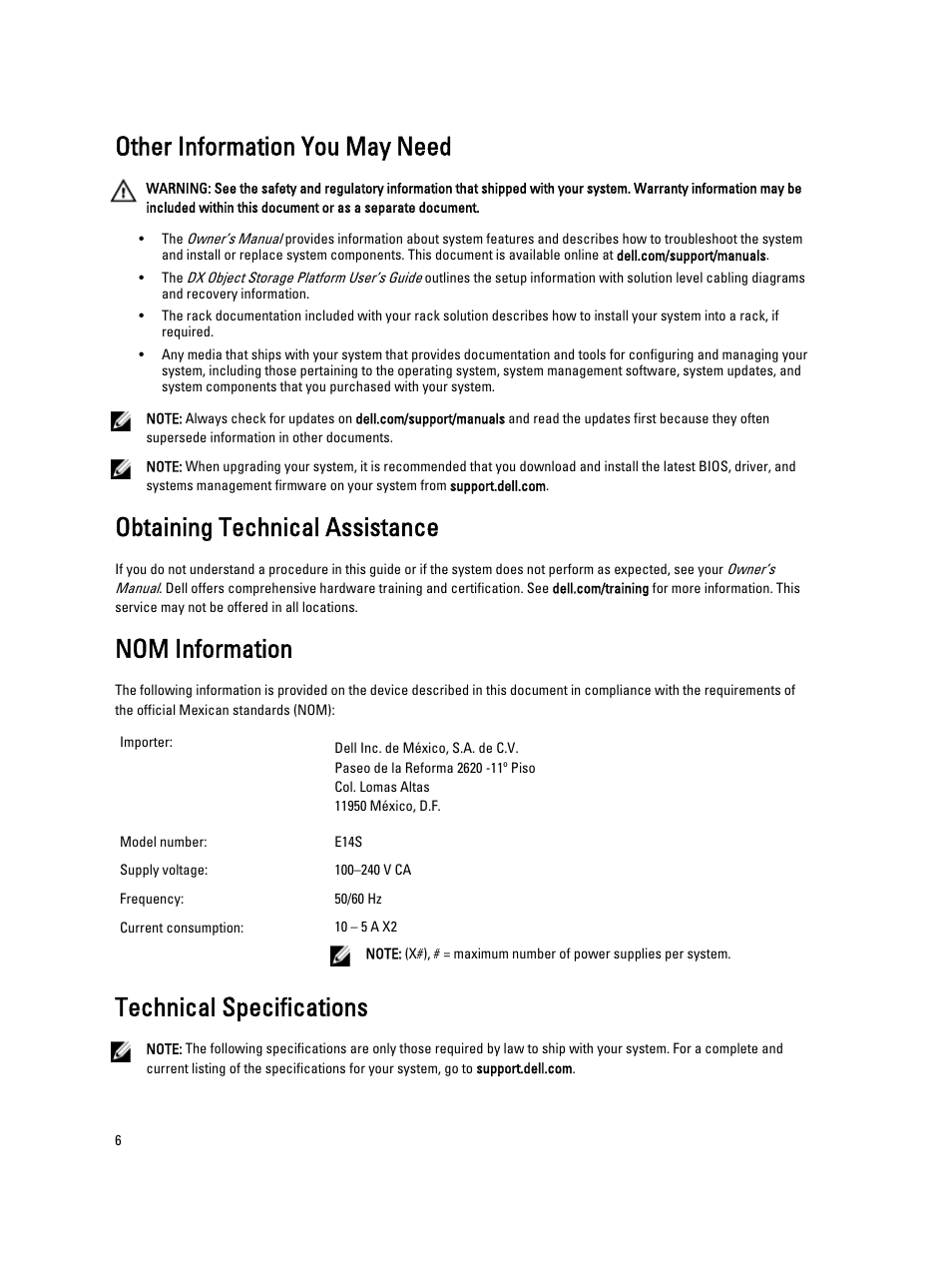 Other information you may need, Obtaining technical assistance, Nom information | Technical specifications | Dell PowerVault DX6112 User Manual | Page 6 / 9
