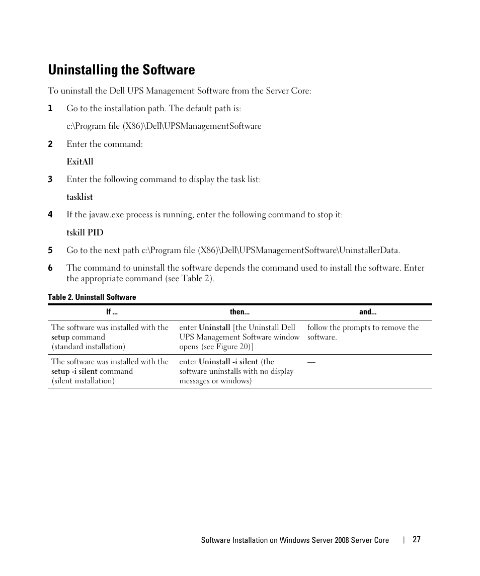 Uninstalling the software | Dell UPS 2700R User Manual | Page 27 / 28