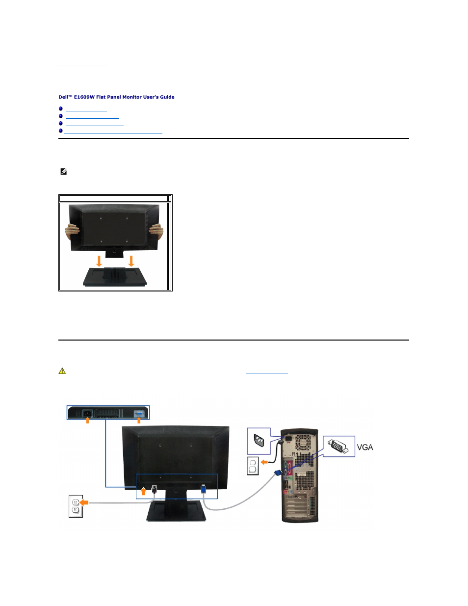 Setting up the monitor, Attaching the base, Connecting your monitor | Dell E1609WFP Monitor User Manual | Page 23 / 27