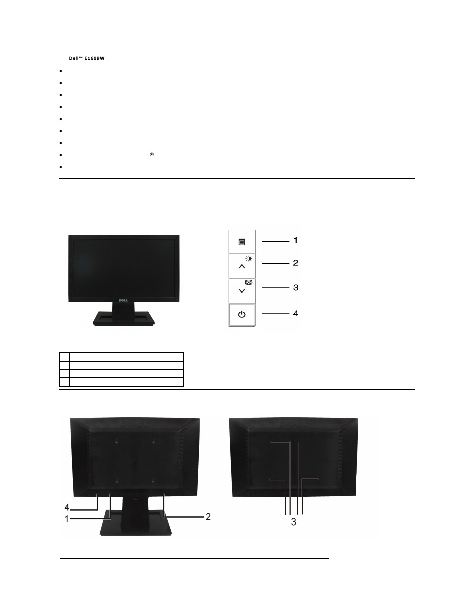 Identifying parts and controls, Front view, Back view | Dell E1609WFP Monitor User Manual | Page 3 / 27