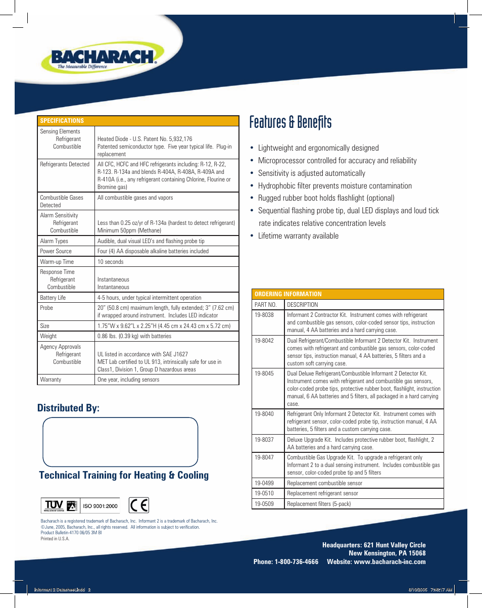 Distributed by, Technical training for heating & cooling, Features & benefits | Bacharach The Informant Dual Purpose Leak Detector User Manual | Page 2 / 2