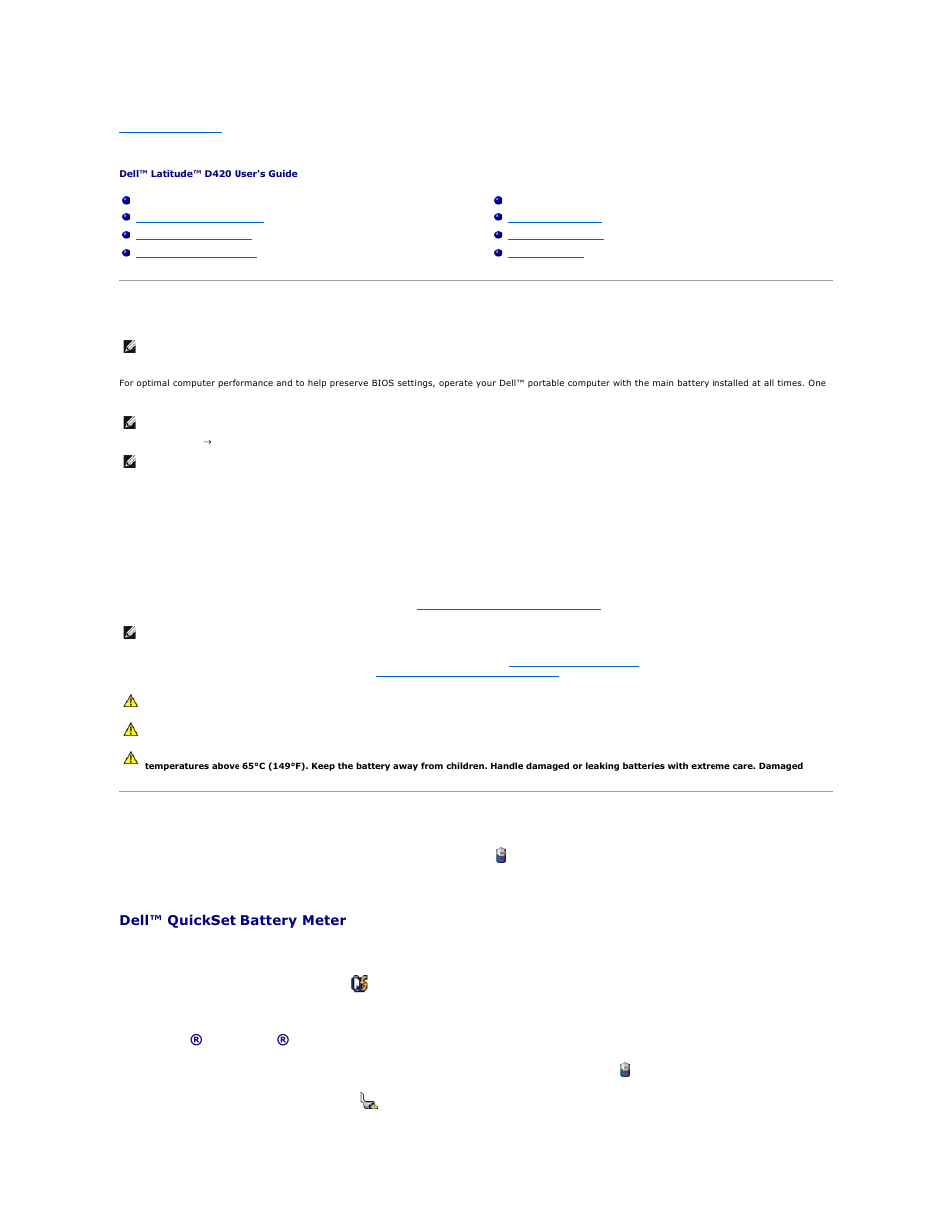 Using a battery, Battery performance, Checking the battery charge | Dell™ quickset battery meter, Microsoft® windows® power meter | Dell Latitude D420 User Manual | Page 10 / 100