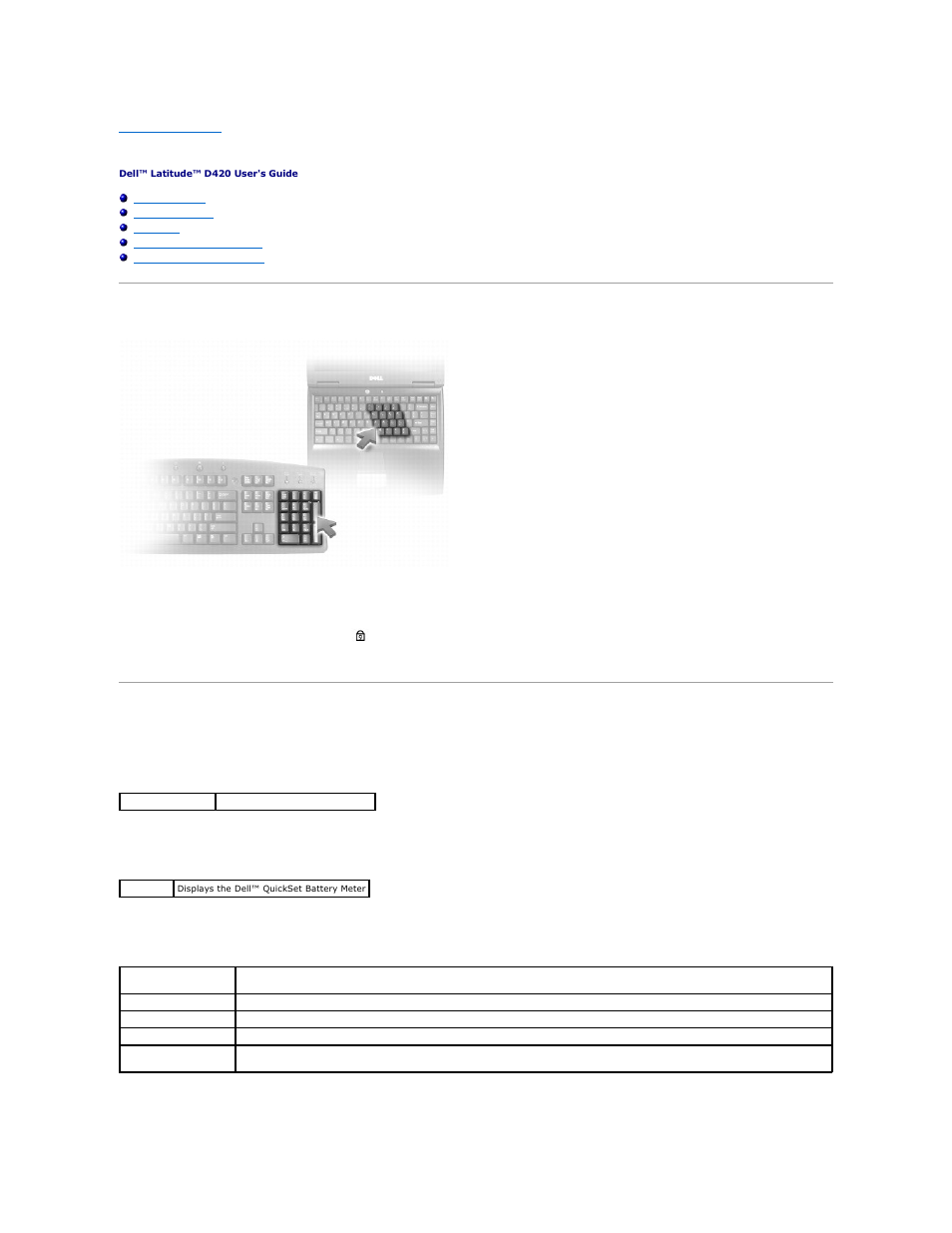 Using the keyboard and touch pad, Numeric keypad, Key combinations | System functions, Battery, Display functions | Dell Latitude D420 User Manual | Page 42 / 100