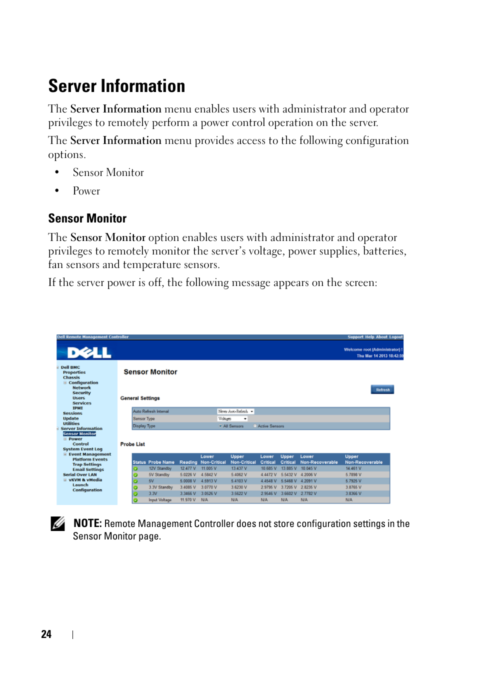 Server information, Sensor monitor | Dell PowerEdge C6220 II User Manual | Page 24 / 62