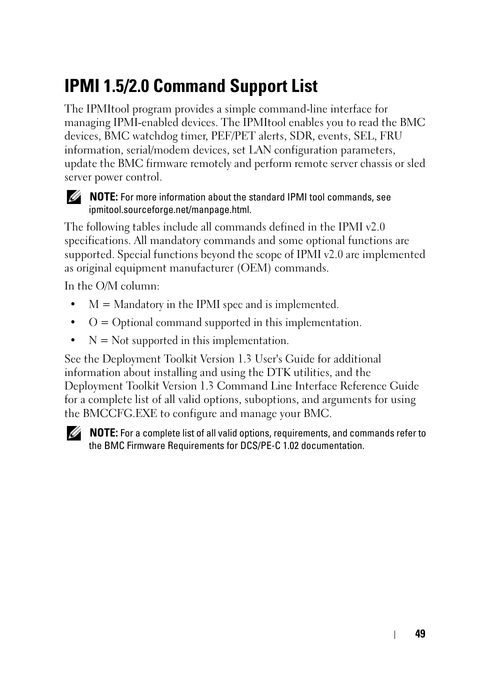 Ipmi 1.5/2.0 command support list | Dell PowerEdge C6220 II User Manual | Page 49 / 62