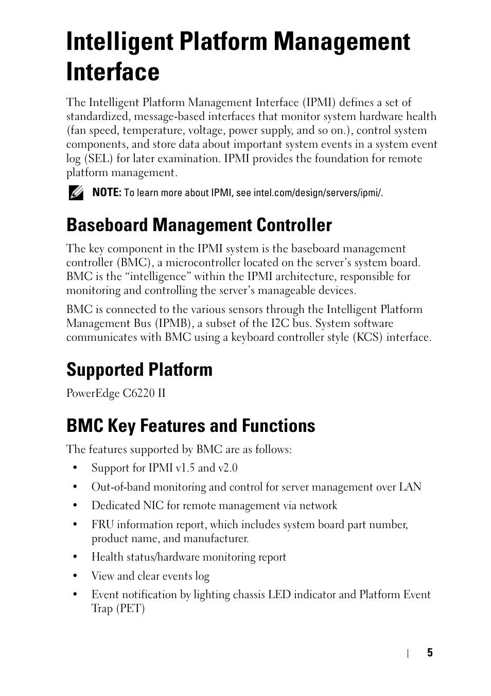 Intelligent platform management interface, Baseboard management controller, Supported platform | Bmc key features and functions, Intelligent platform management, Interface | Dell PowerEdge C6220 II User Manual | Page 5 / 62