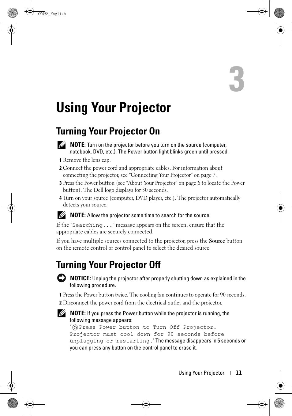 Using your projector, Turning your projector on, Turning your projector off | Dell 1201MP Projector User Manual | Page 11 / 76