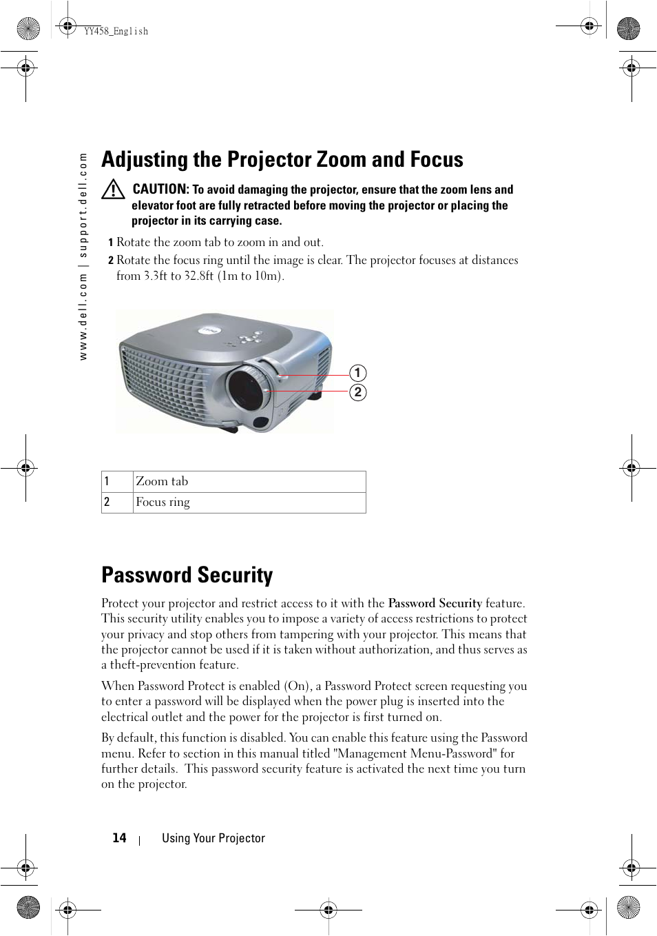 Adjusting the projector zoom and focus, Password security | Dell 1201MP Projector User Manual | Page 14 / 76