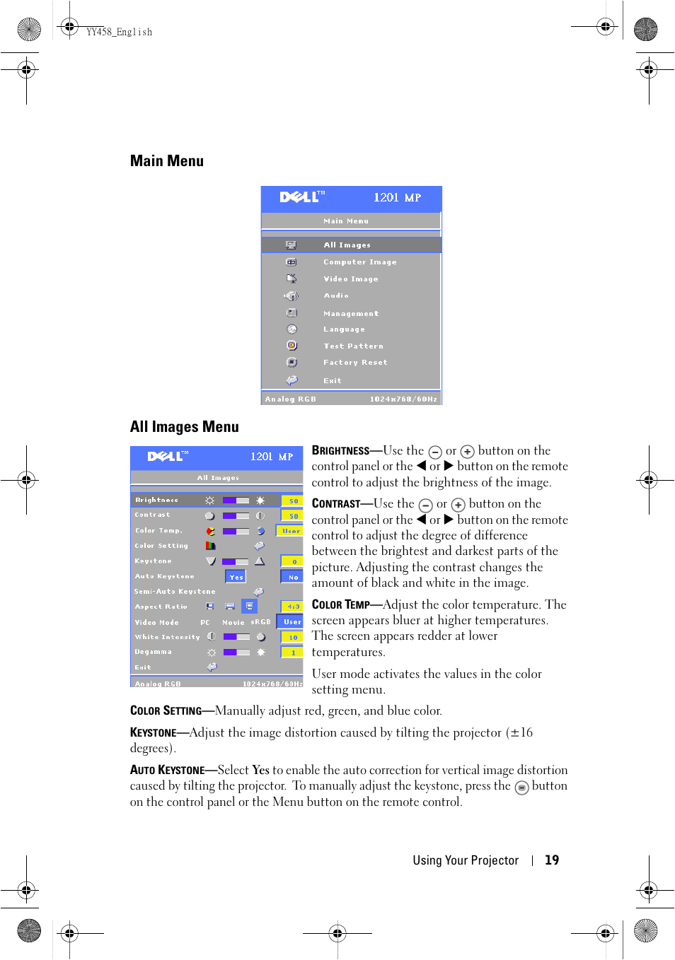 Main menu all images menu | Dell 1201MP Projector User Manual | Page 19 / 76