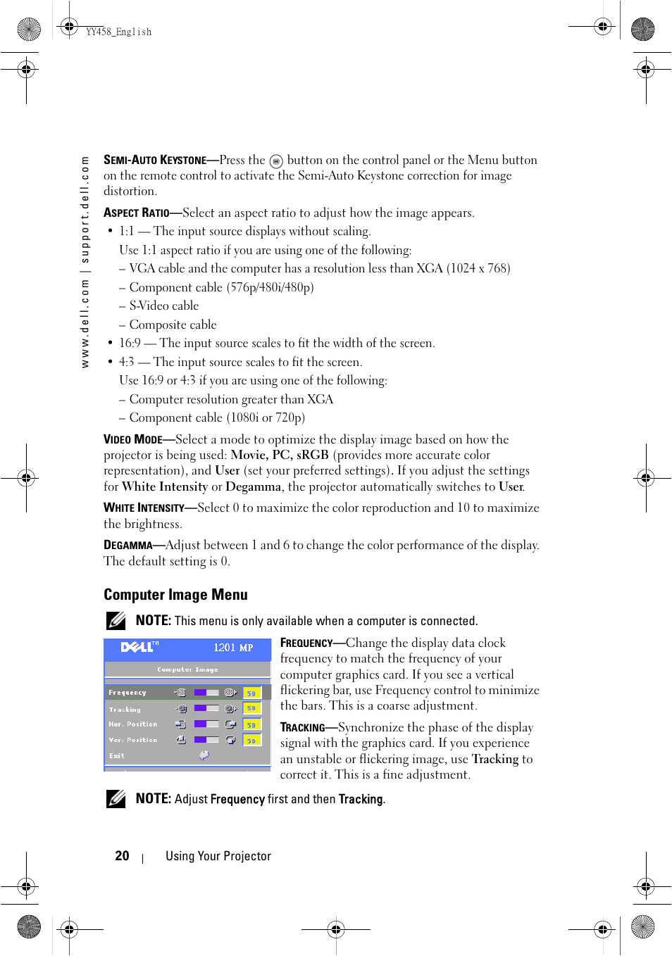 Computer image menu | Dell 1201MP Projector User Manual | Page 20 / 76