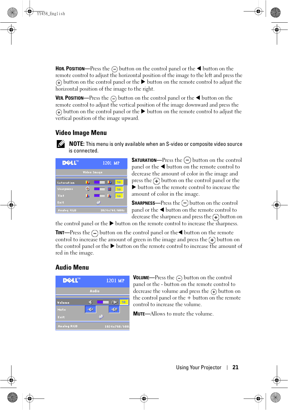 Video image menu, Audio menu | Dell 1201MP Projector User Manual | Page 21 / 76