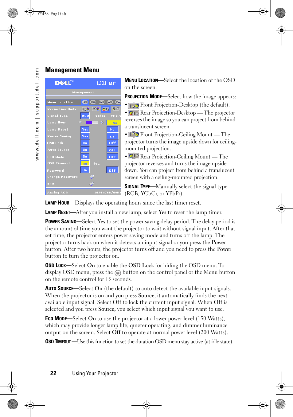 Management menu | Dell 1201MP Projector User Manual | Page 22 / 76