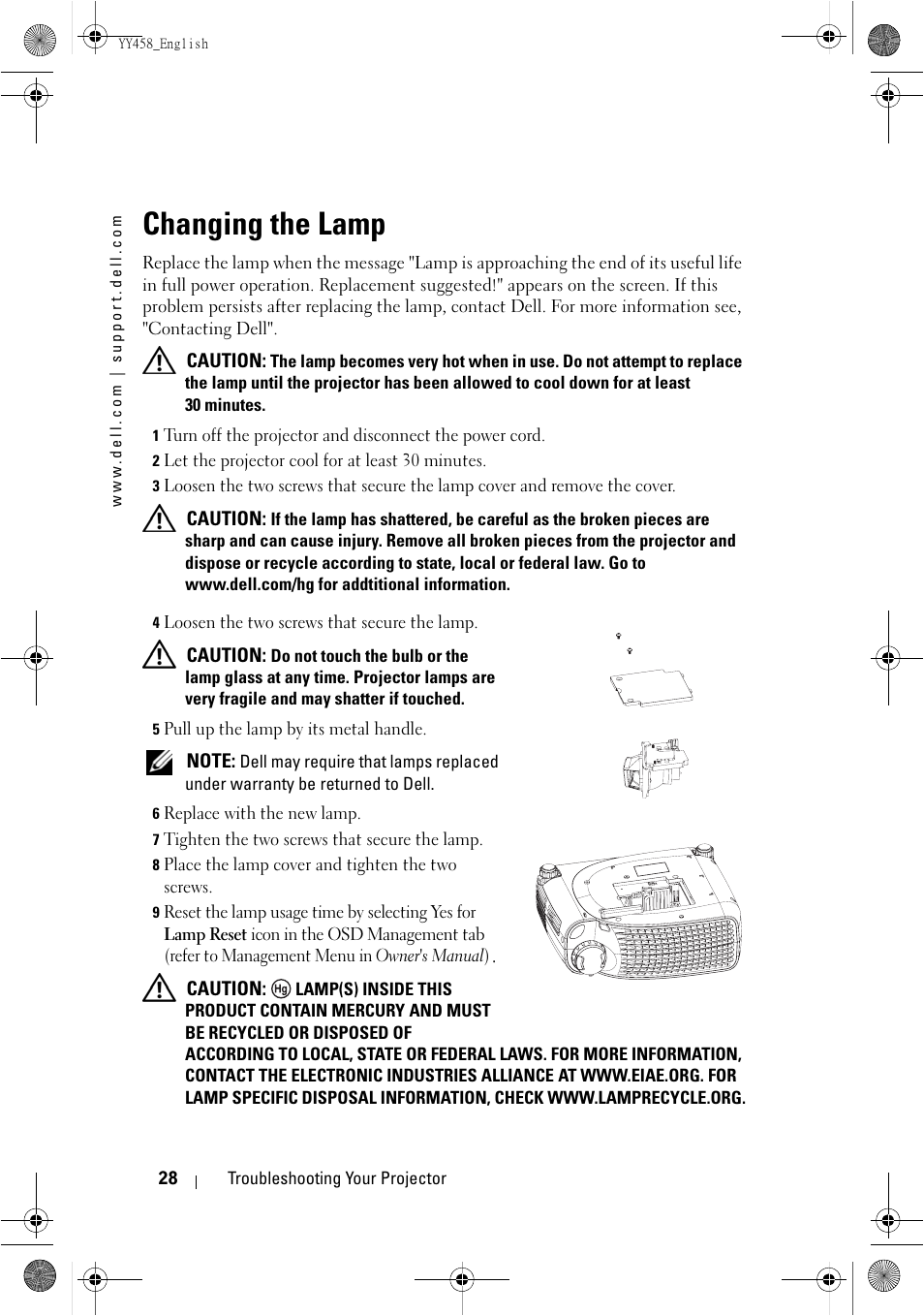 Changing the lamp | Dell 1201MP Projector User Manual | Page 28 / 76