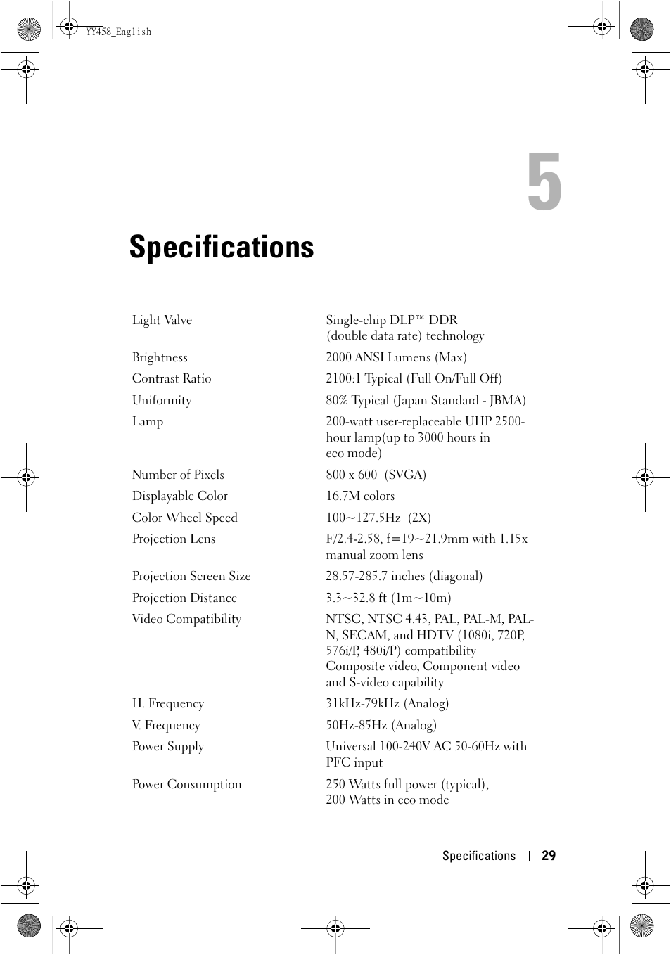 Specifications | Dell 1201MP Projector User Manual | Page 29 / 76