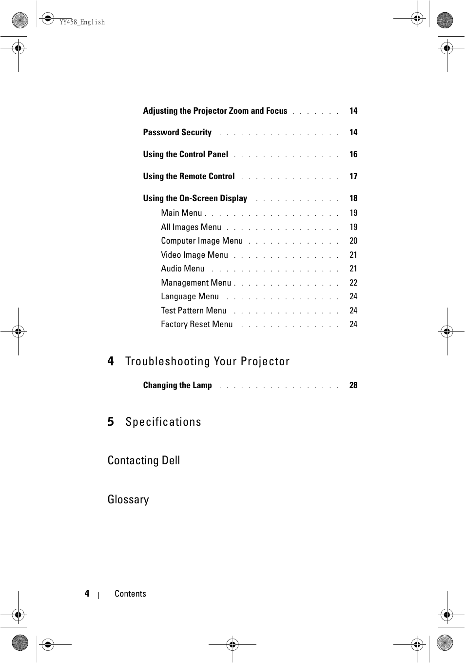4troubleshooting your projector, 5specifications contacting dell glossary | Dell 1201MP Projector User Manual | Page 4 / 76