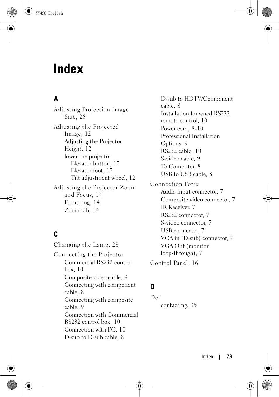 Index | Dell 1201MP Projector User Manual | Page 73 / 76