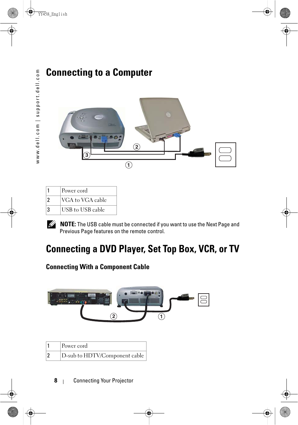 Connecting to a computer, Connecting a dvd player, set top box, vcr, or tv, Connecting with a component cable | Dell 1201MP Projector User Manual | Page 8 / 76