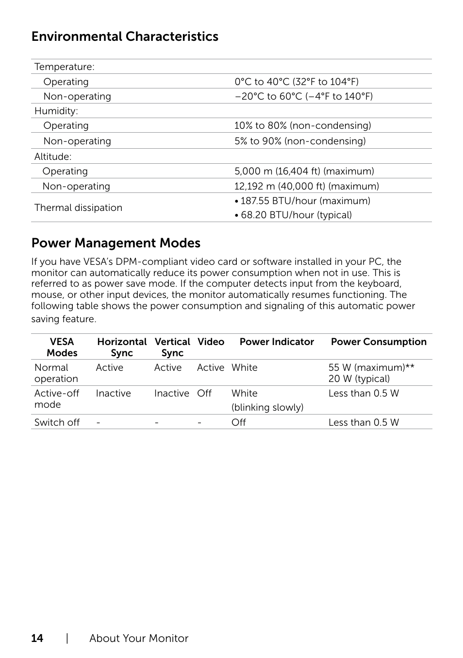Environmental characteristics, Power management modes | Dell S2715H Monitor User Manual | Page 14 / 50