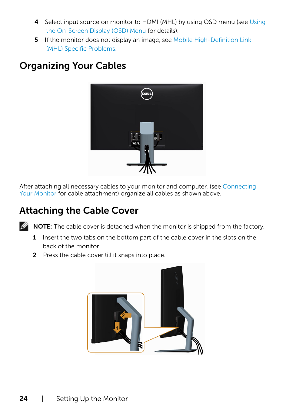 Organizing your cables, Attaching the cable cover | Dell S2715H Monitor User Manual | Page 24 / 50