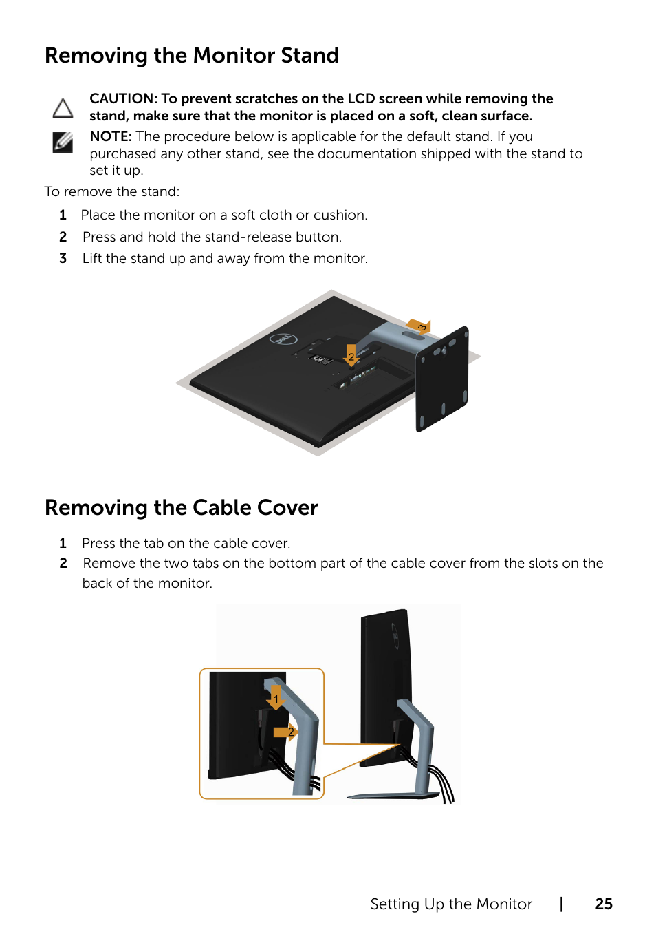 Removing the monitor stand, Removing the cable cover | Dell S2715H Monitor User Manual | Page 25 / 50