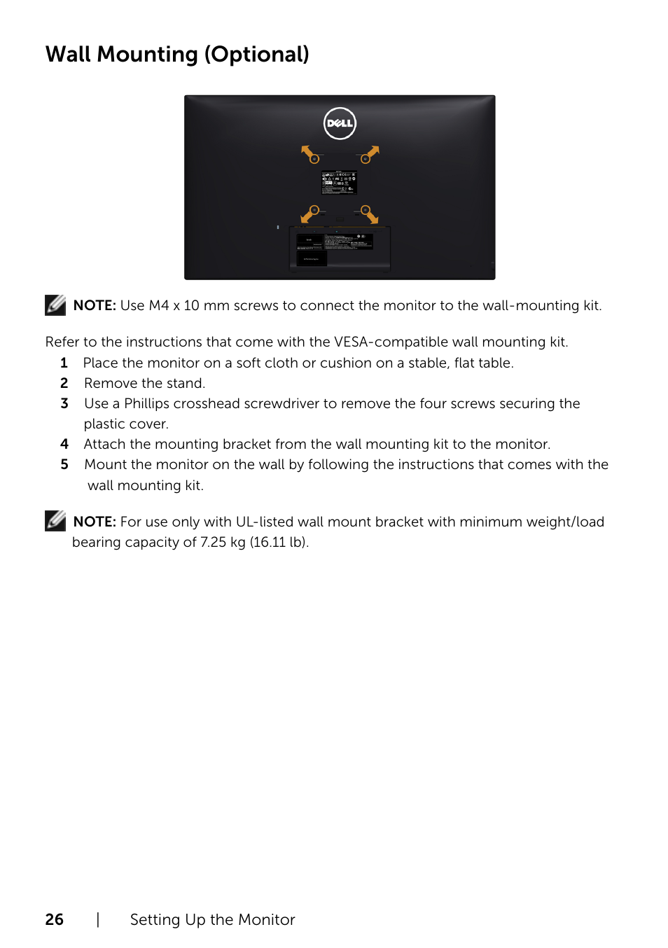 Wall mounting (optional) | Dell S2715H Monitor User Manual | Page 26 / 50