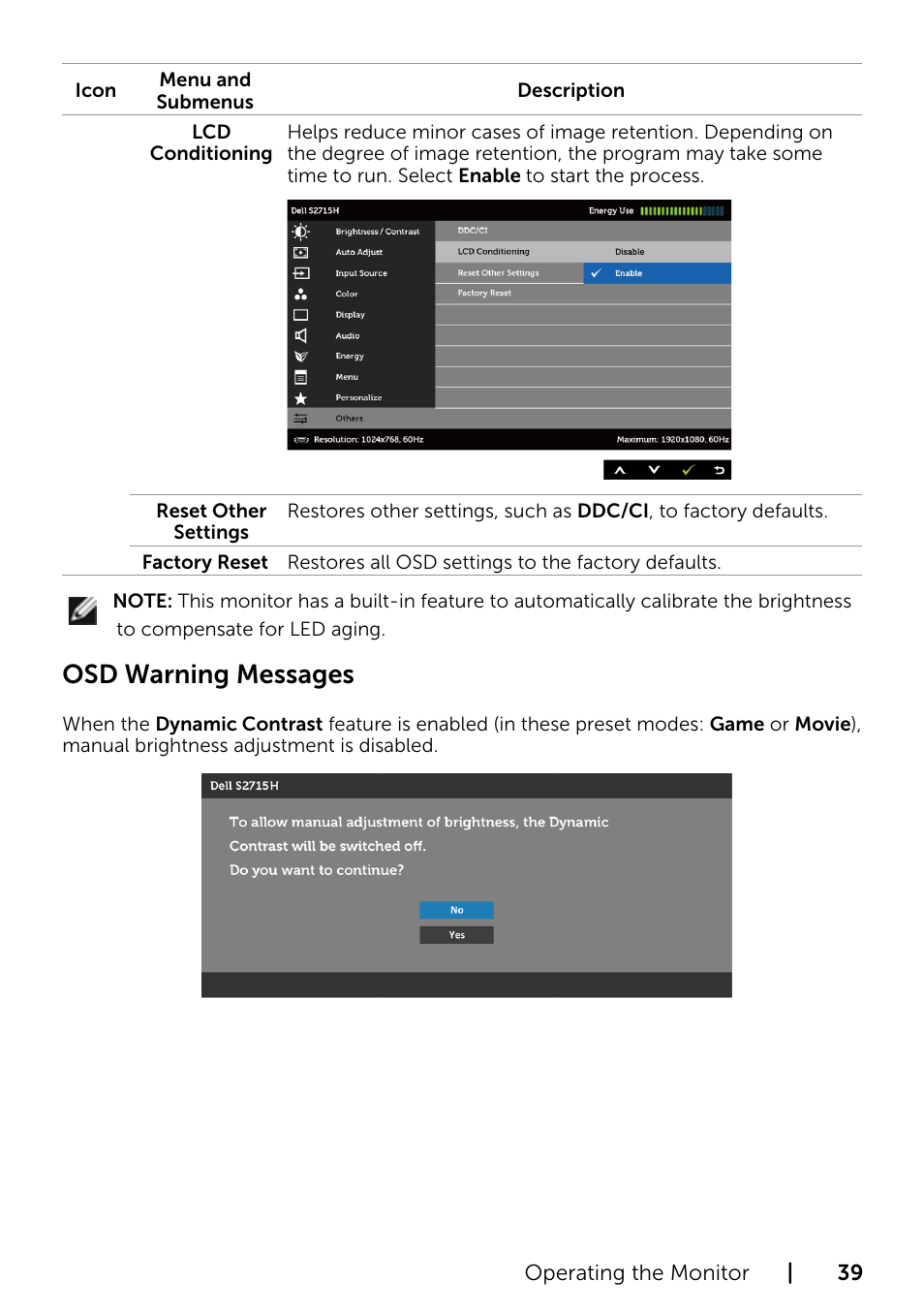 Osd warning messages | Dell S2715H Monitor User Manual | Page 39 / 50