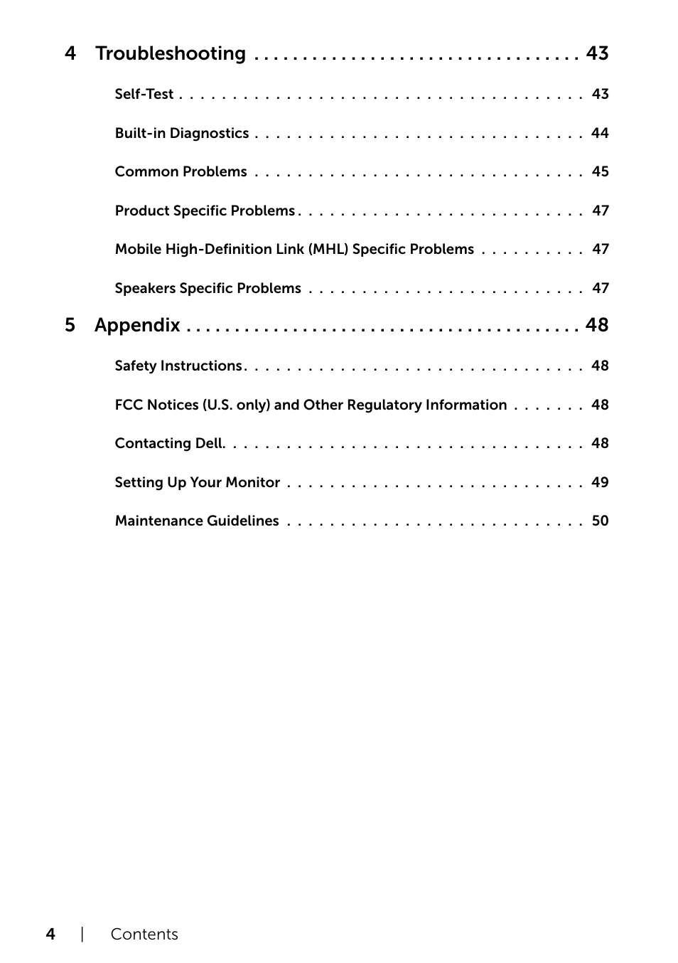 4 troubleshooting, 5 appendix | Dell S2715H Monitor User Manual | Page 4 / 50