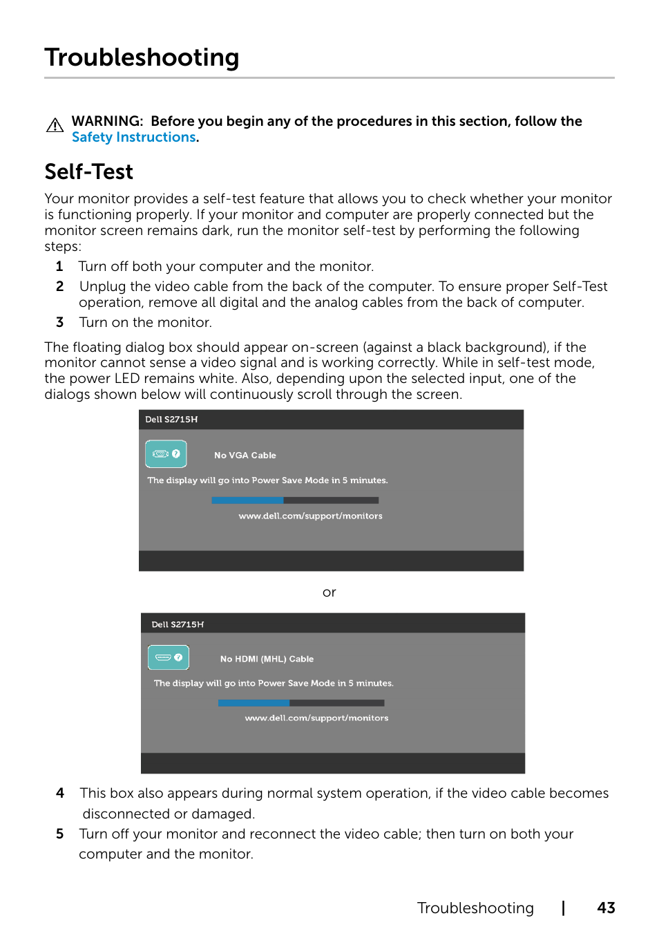 Troubleshooting, Self-test, 4 troubleshooting | Dell S2715H Monitor User Manual | Page 43 / 50