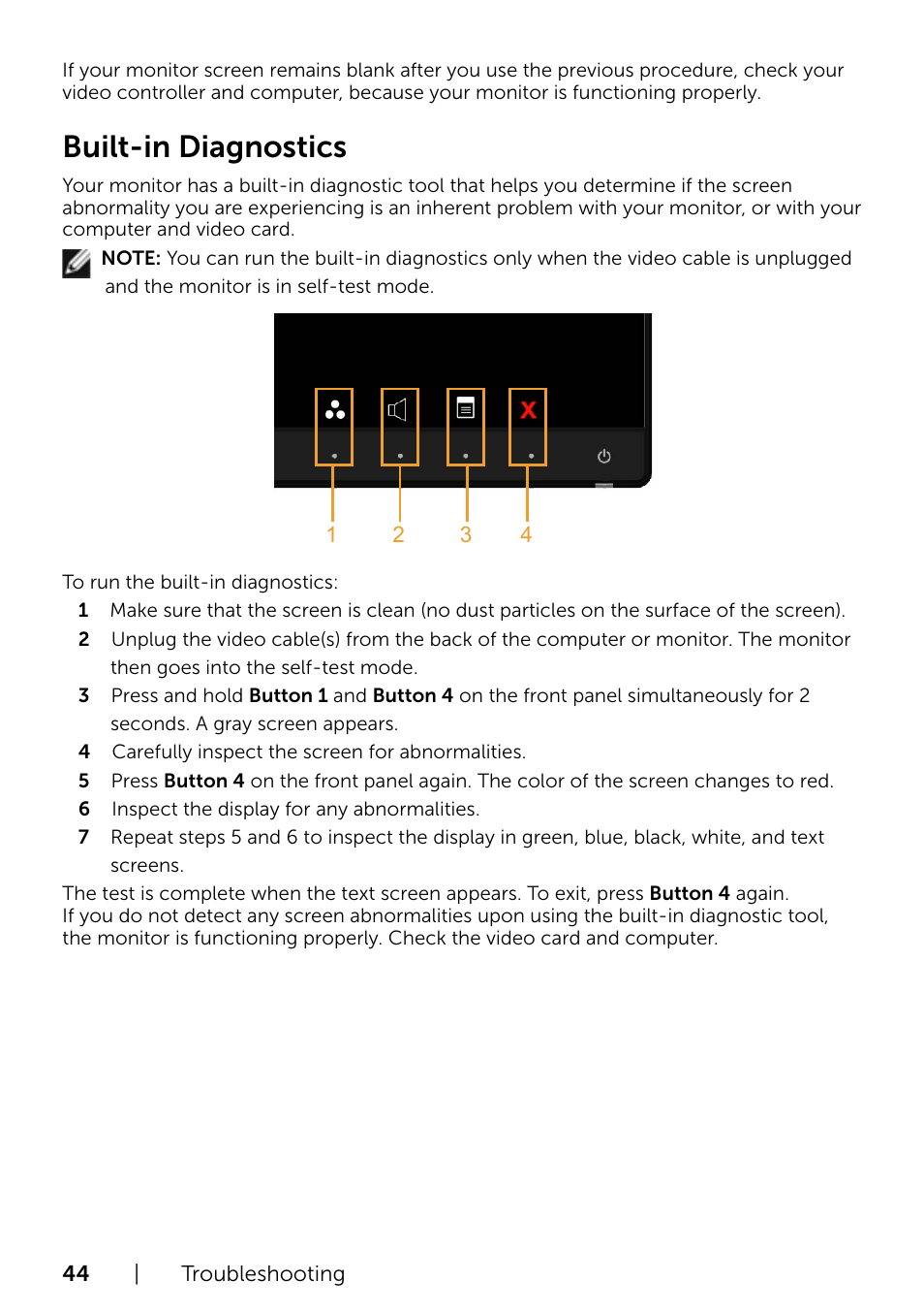 Built-in diagnostics | Dell S2715H Monitor User Manual | Page 44 / 50