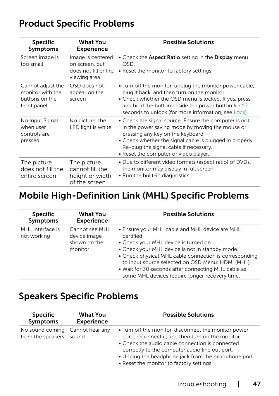 Product specific problems, Speakers specific problems, Mobile high-definition link | Mhl) specific problems | Dell S2715H Monitor User Manual | Page 47 / 50
