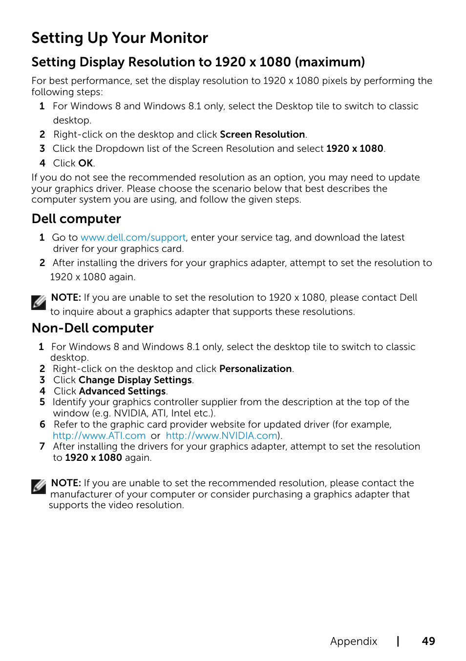 Setting up your monitor, Dell computer, Non-dell computer | Dell S2715H Monitor User Manual | Page 49 / 50