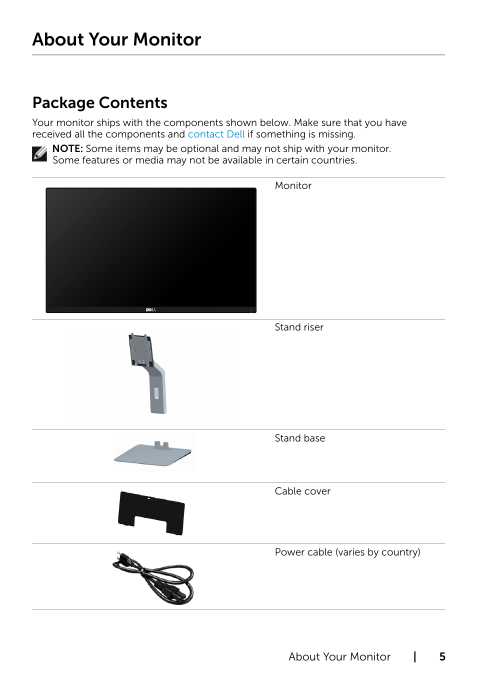About your monitor, Package contents, 1 about your monitor | Dell S2715H Monitor User Manual | Page 5 / 50