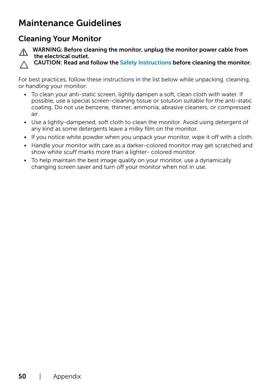 Maintenance guidelines, Cleaning your monitor | Dell S2715H Monitor User Manual | Page 50 / 50