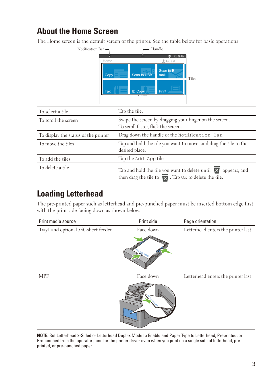 About the home screen, Loading letterhead | Dell C2665dnf Color Laser Printer User Manual | Page 3 / 8