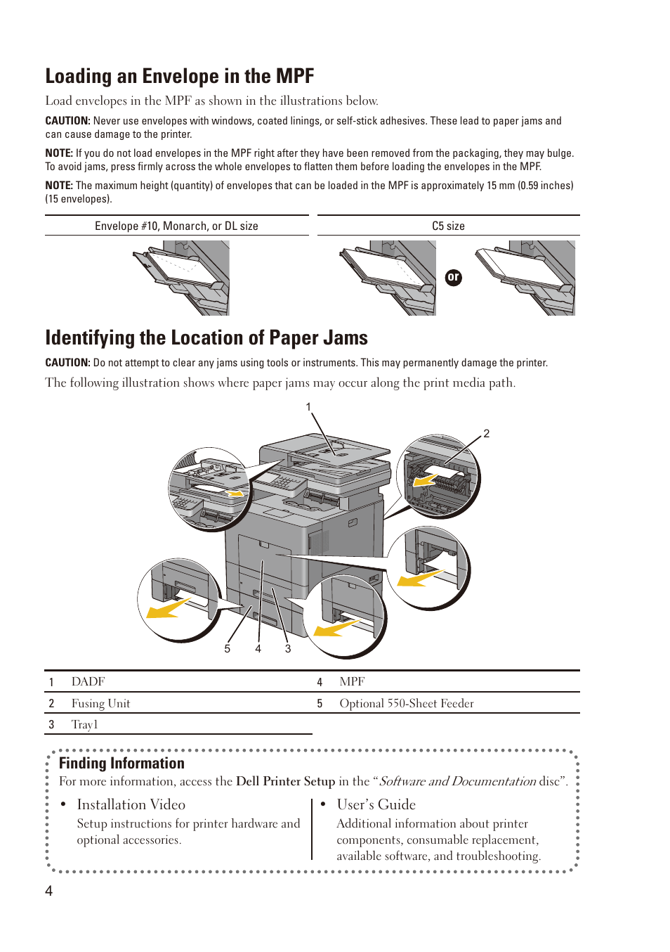 Loading an envelope in the mpf, Identifying the location of paper jams, Finding information | Dell C2665dnf Color Laser Printer User Manual | Page 4 / 8