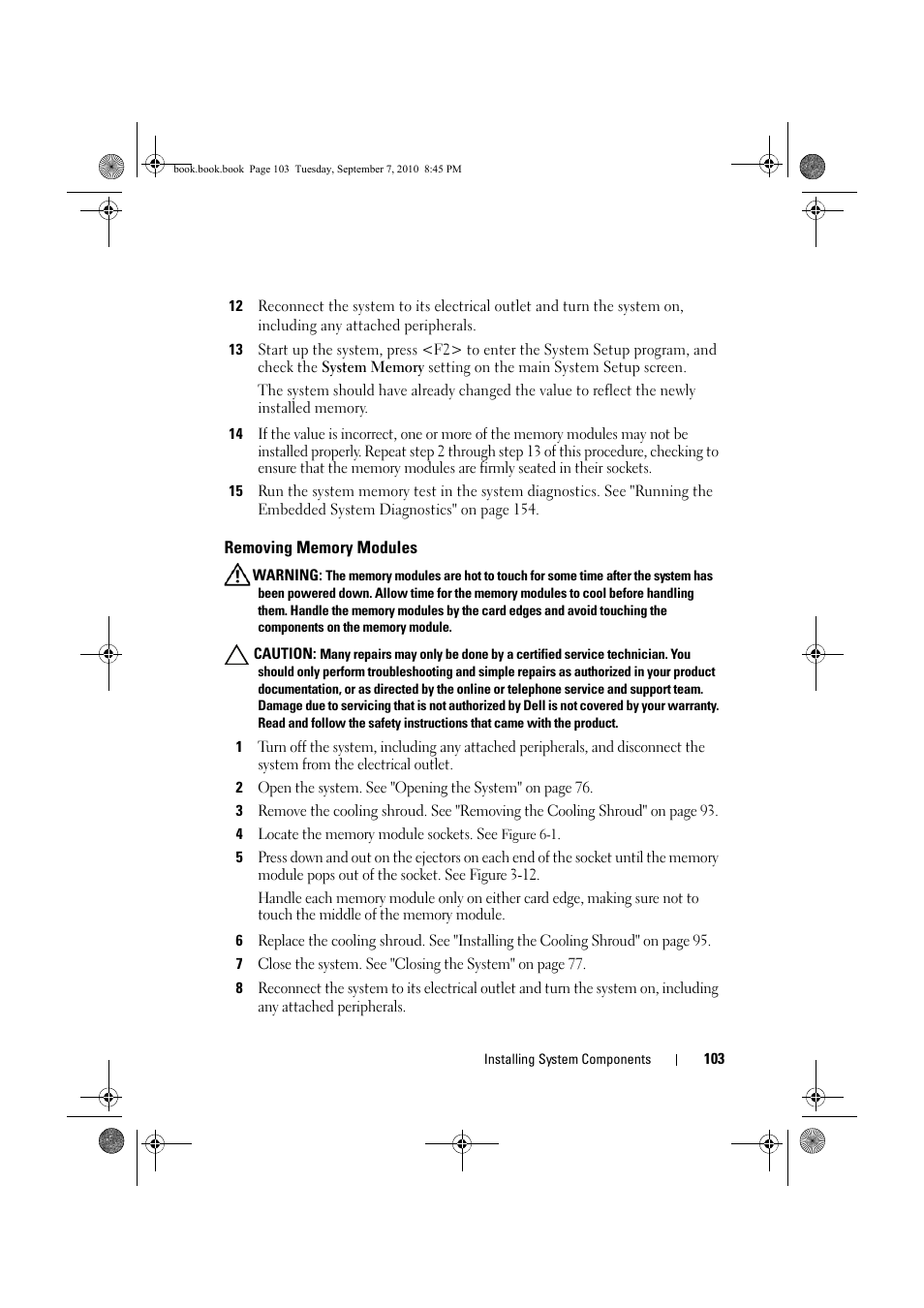 Removing memory modules | Dell DX6004S User Manual | Page 103 / 168