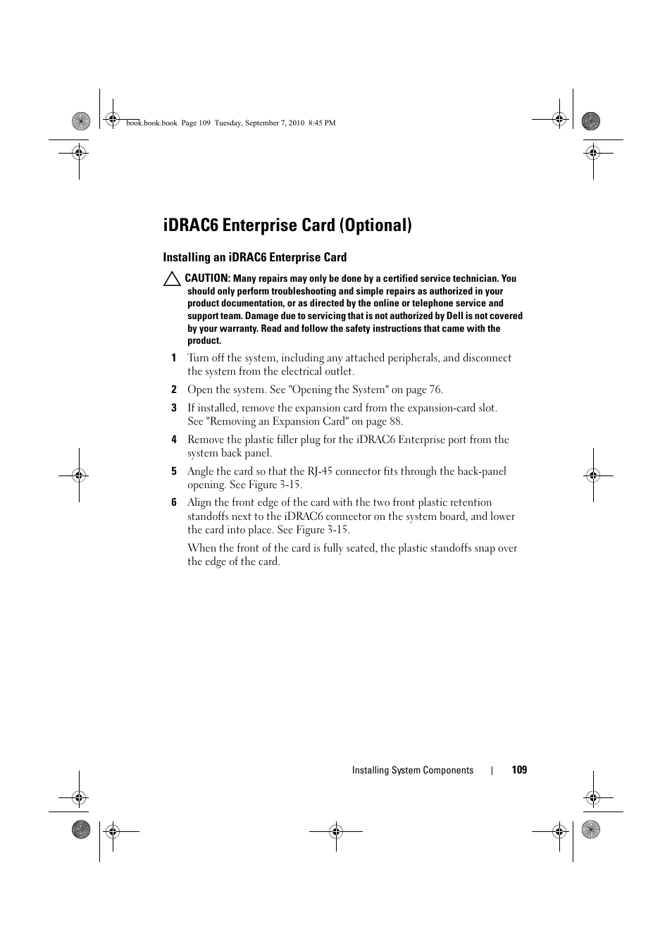 Idrac6 enterprise card (optional), Installing an idrac6 enterprise card | Dell DX6004S User Manual | Page 109 / 168